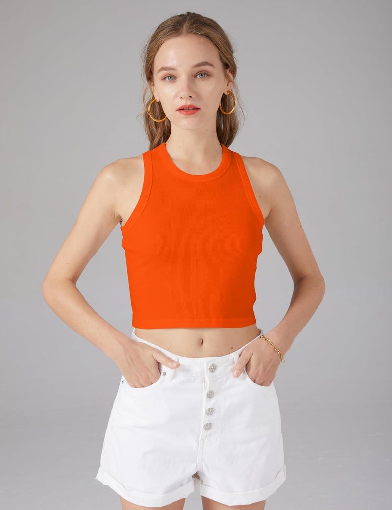 MISSACTIVER Women Basic Sleeveless Vest Crop Tank Top Casual Crew Neck Binding Crop Top (Large, Orange) - Image 4